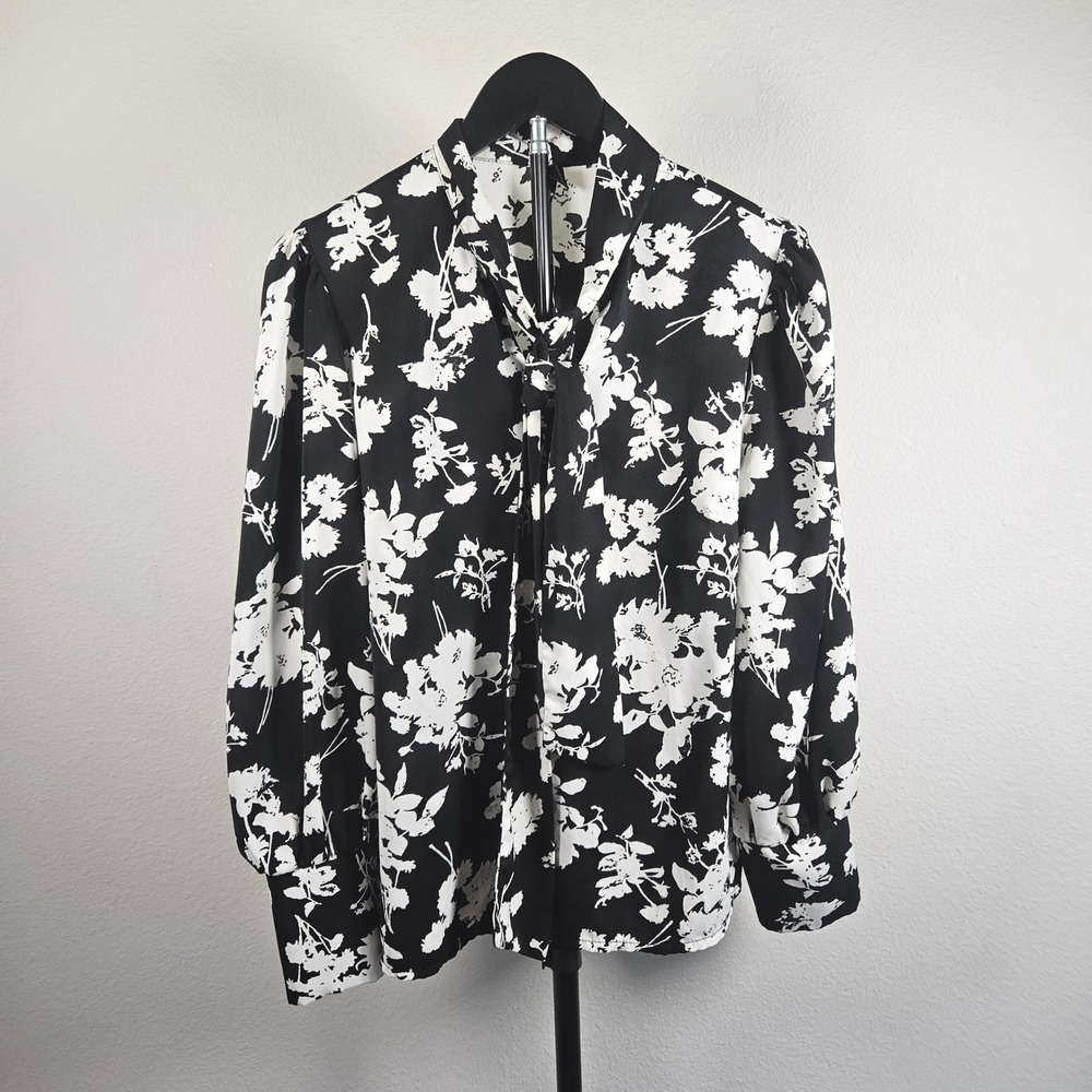 Moosta Floral Pussybow Blouse Womens M Black White Long Sleeve Puffed Shoulder